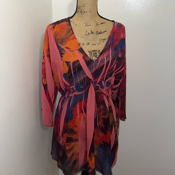Daniel Benjamin Tropical Multicolor Printed Sheer Blouse - Picture 2 of 7
